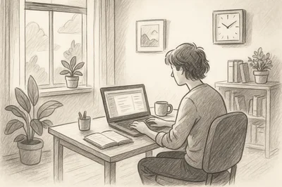 Young Person Working On Laptop At Home Desk