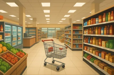 Empty Shopping Cart In A Grocery Store Aisle