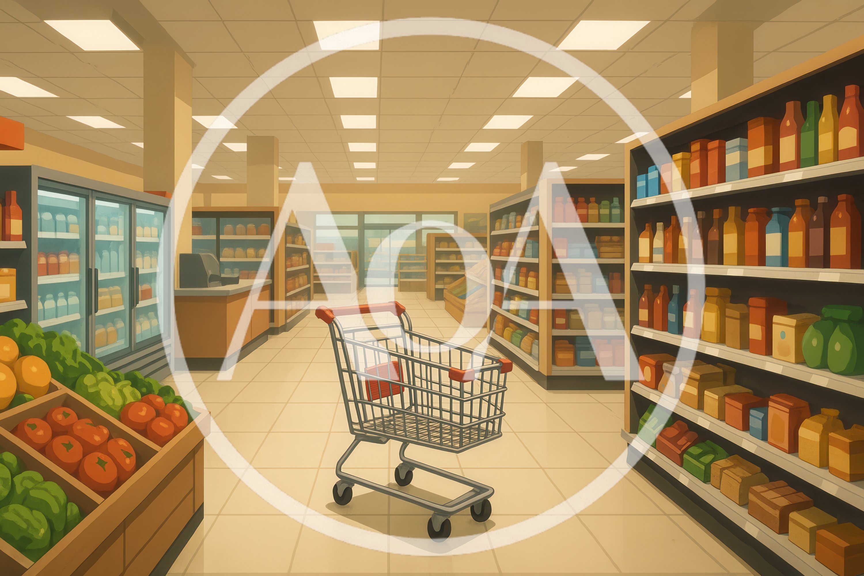 Empty Shopping Cart In A Grocery Store Aisle