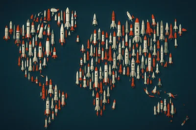World Map Composed Of Miniature Toy Rockets