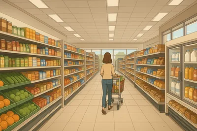 Woman Shopping With Cart In Grocery Store Aisle