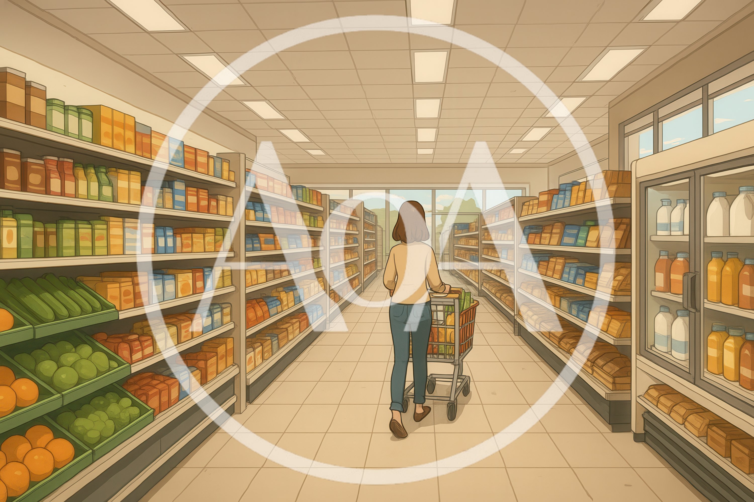 Woman Shopping With Cart In Grocery Store Aisle