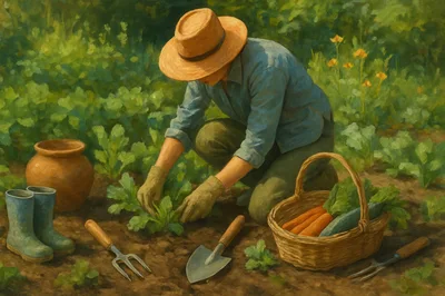 Gardener Tending To Vegetables In A Sunny Garden