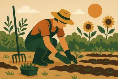 Farmer Planting Seedlings In A Garden