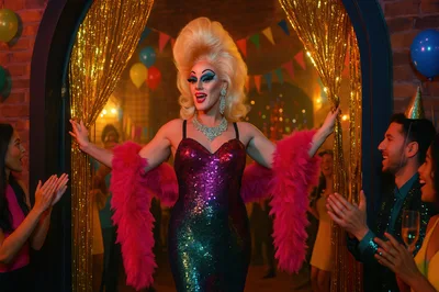 Drag Queen Making Grand Entrance At Festive Party