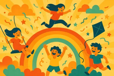 Happy Children Playing Outdoors Under A Rainbow