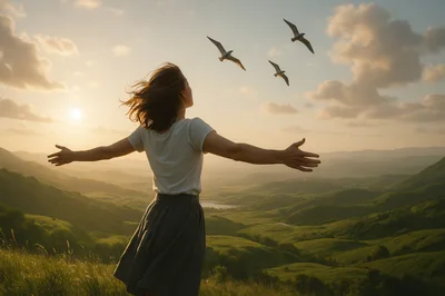 Woman Standing With Arms Outstretched Over Green Valley