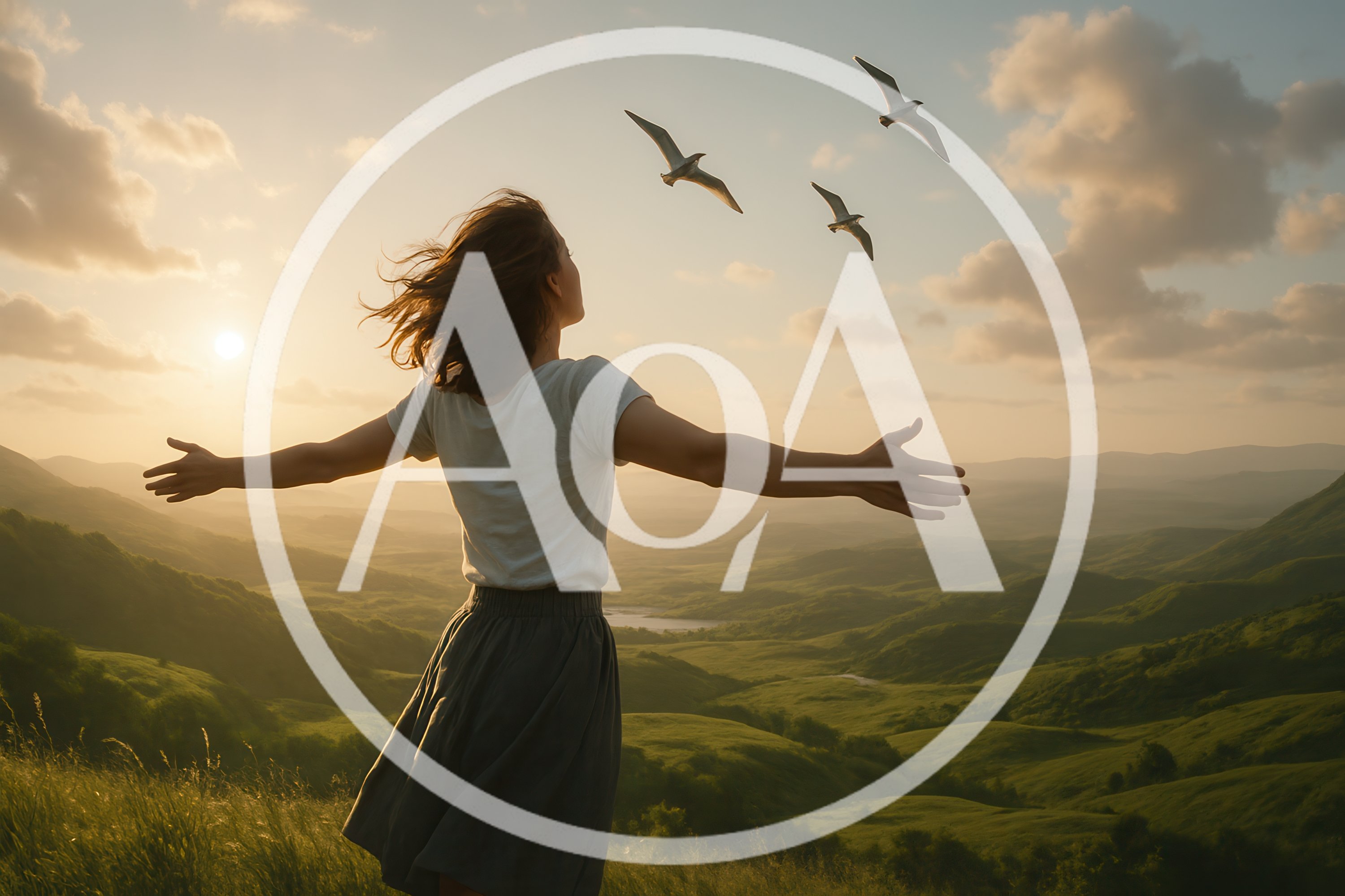 Woman Standing With Arms Outstretched Over Green Valley