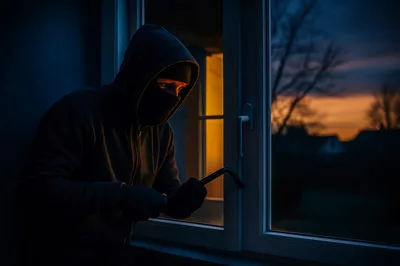 Burglar Breaking Into A House Window At Night