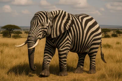 Surreal Elephant With Zebra Stripes In African Savanna