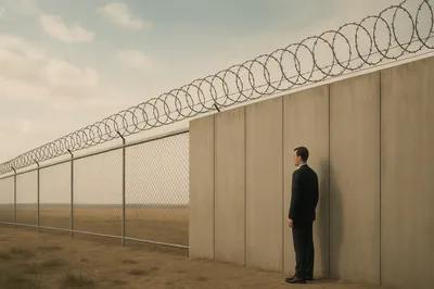Businessman Standing Alone Before A High Security Wall