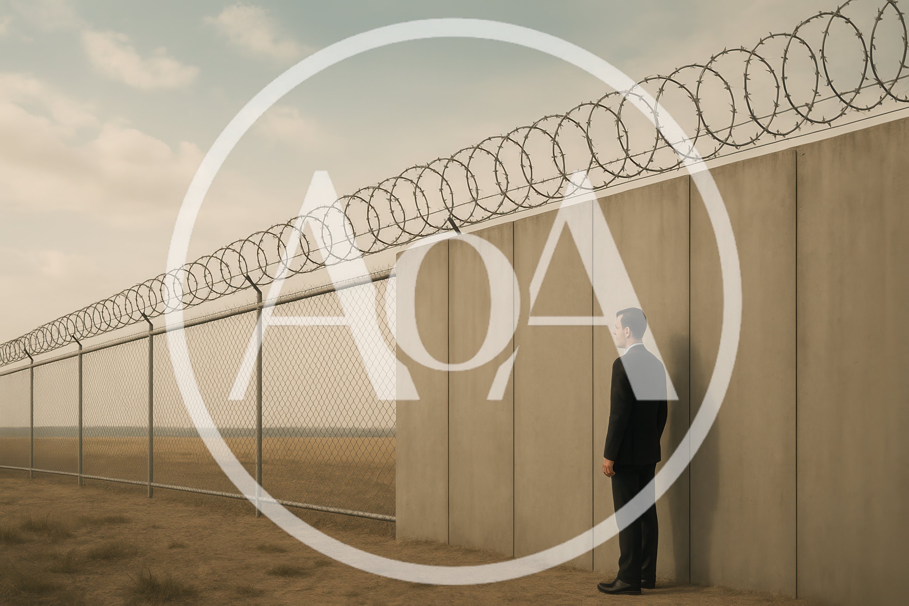 Businessman Standing Alone Before A High Security Wall