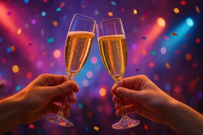 Two Hands Toasting With Champagne Flutes At Party
