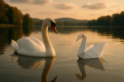 Real Swan And Origami Swan Floating On Lake