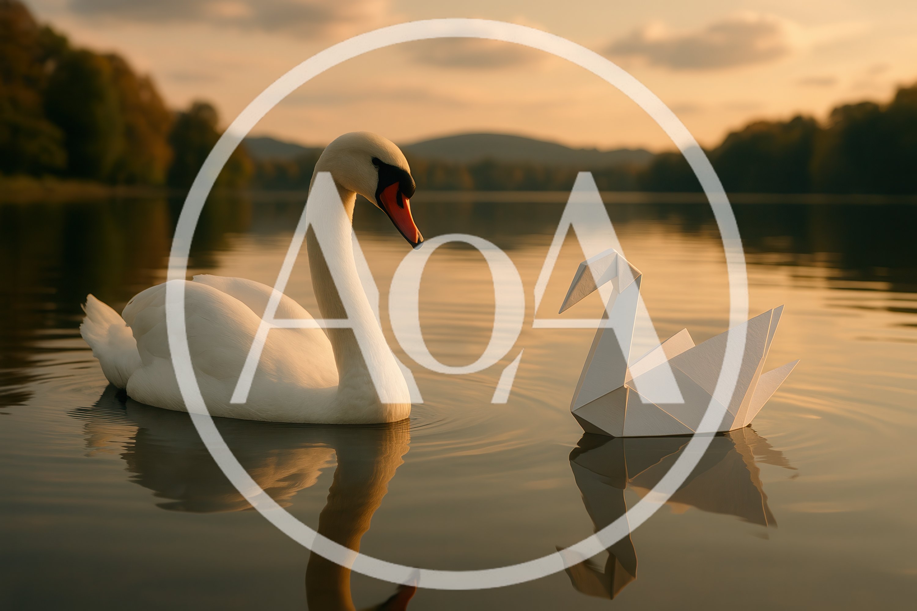 Real Swan And Origami Swan Floating On Lake