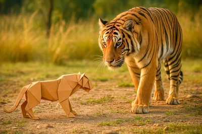 Real Tiger Encountering An Origami Paper Tiger