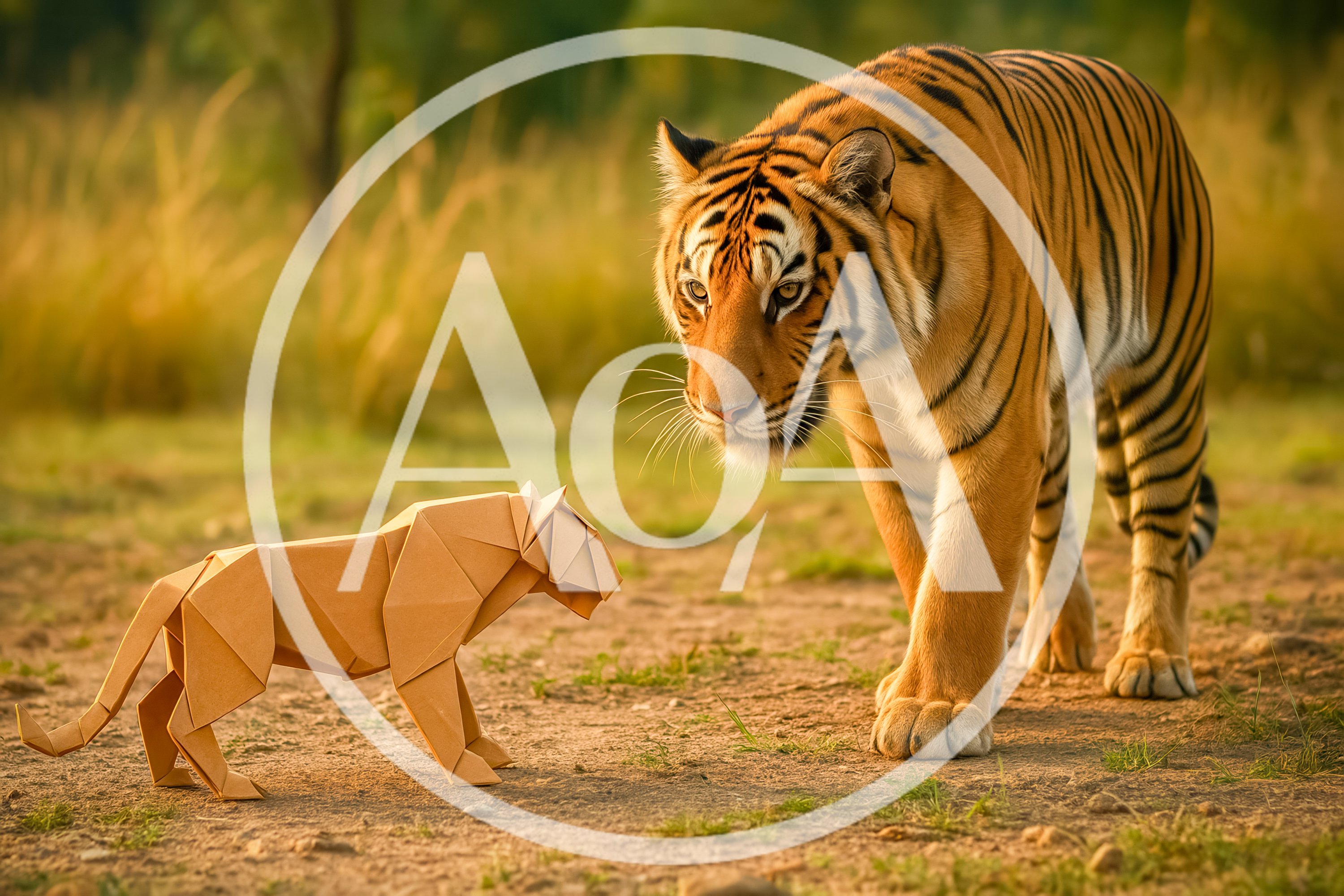Real Tiger Encountering An Origami Paper Tiger