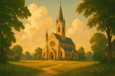 Gothic Revival Church In A Golden Meadow