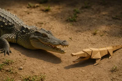 Real Crocodile Facing An Origami Paper Crocodile