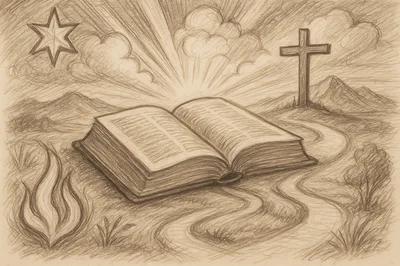 Pencil Sketch Of An Open Bible With Religious Symbols