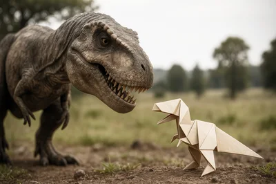 Realistic Tyrannosaurus Rex Facing An Origami Paper Dinosaur