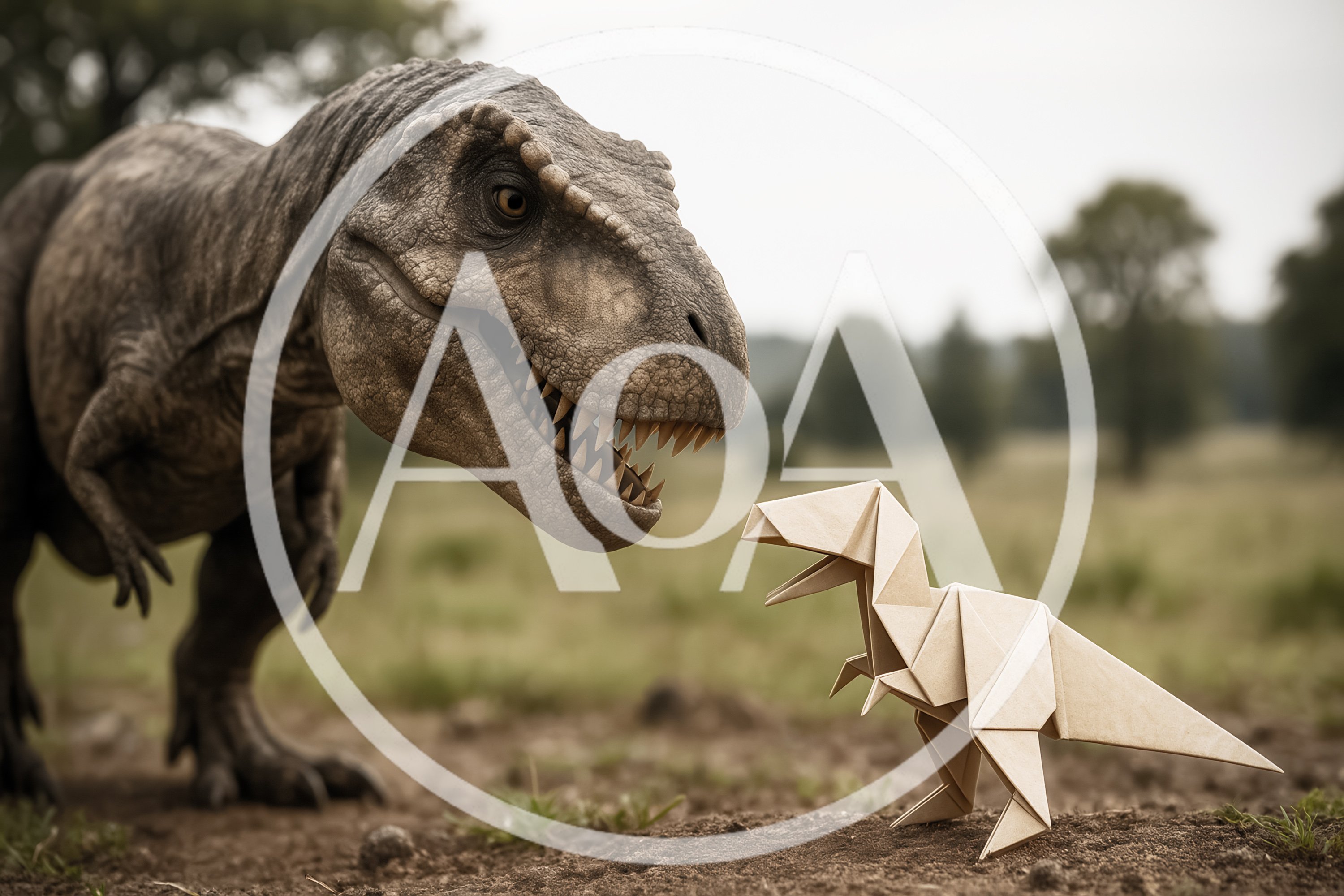 Realistic Tyrannosaurus Rex Facing An Origami Paper Dinosaur