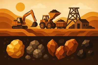 Mining Operations With Excavator And Underground Mineral Deposits