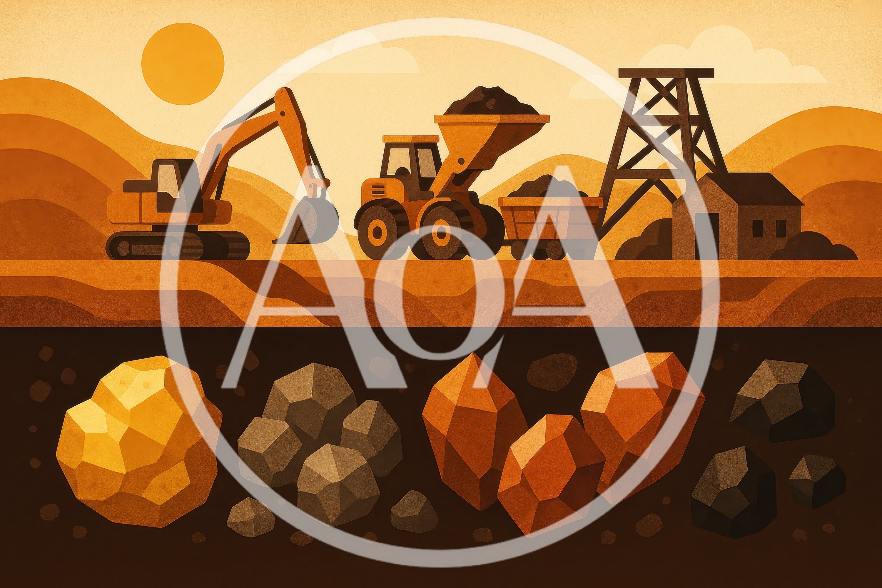Mining Operations With Excavator And Underground Mineral Deposits
