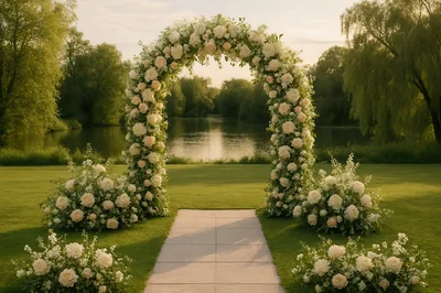 Floral Wedding Archway on a Lush Green Lawn