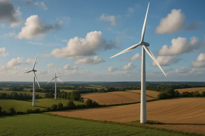 Wind Turbines Standing In Rolling Rural Countryside