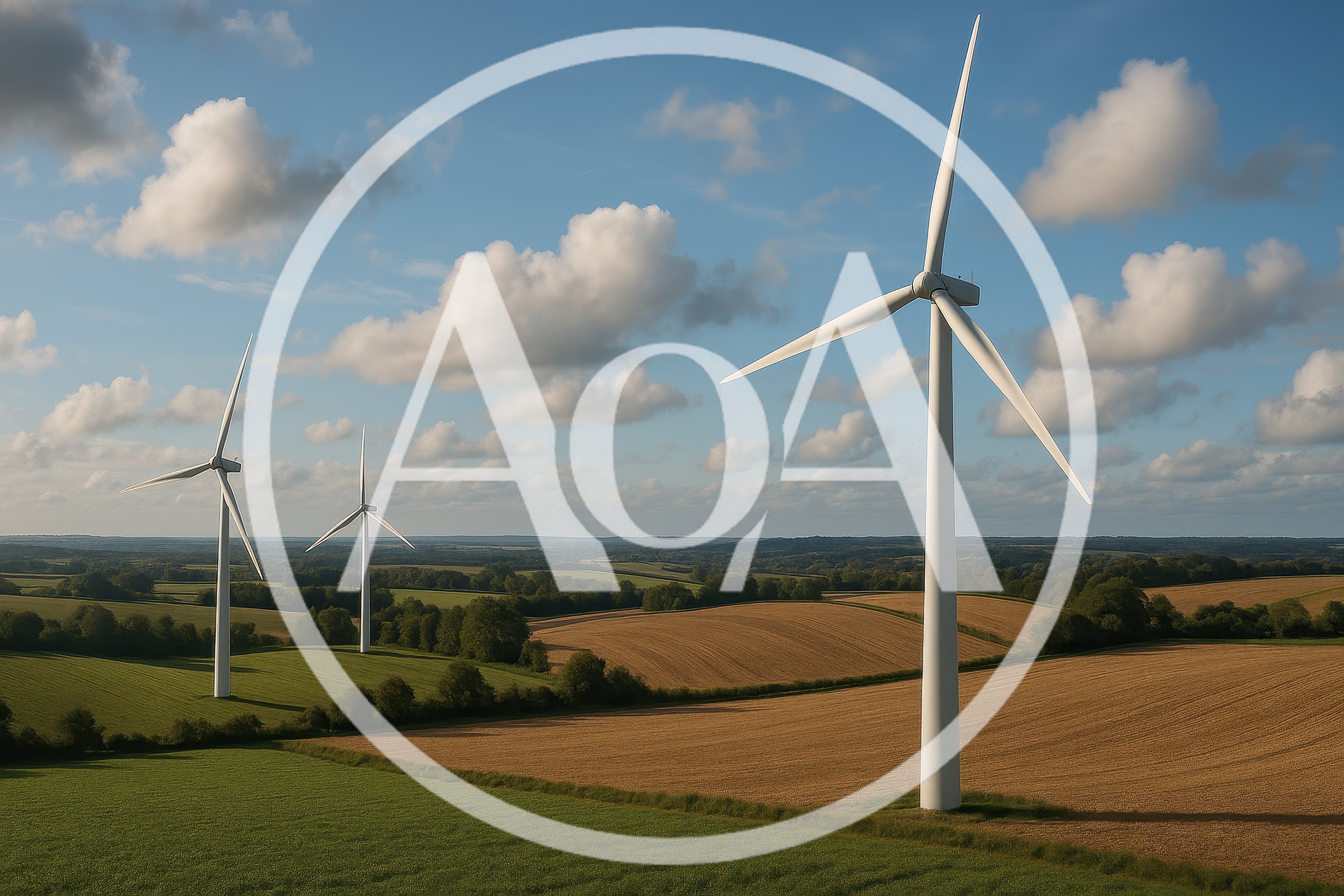 Wind Turbines Standing In Rolling Rural Countryside