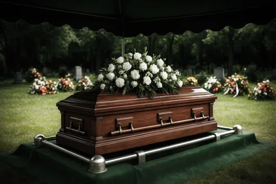 Wooden Casket With Floral Arrangement At Cemetery