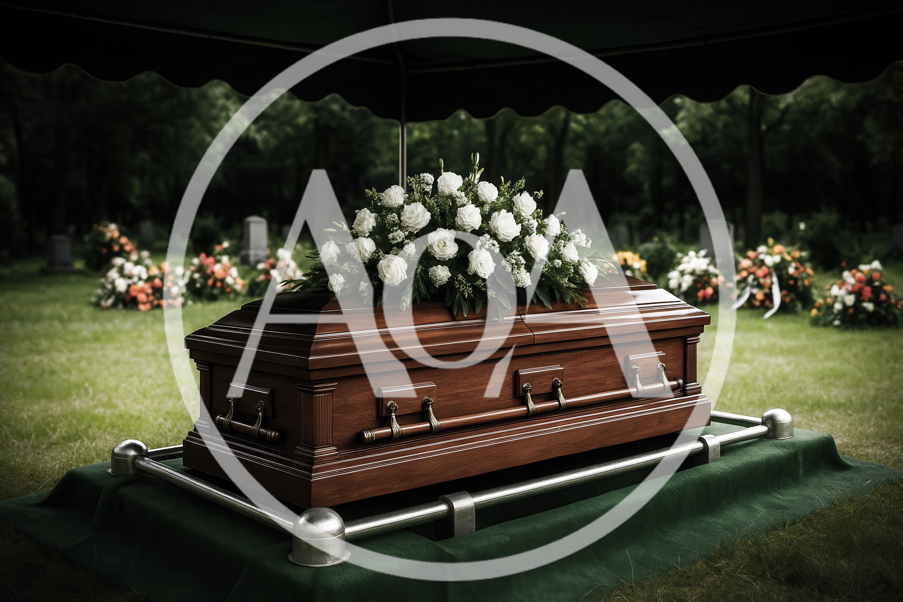 Wooden Casket With Floral Arrangement At Cemetery