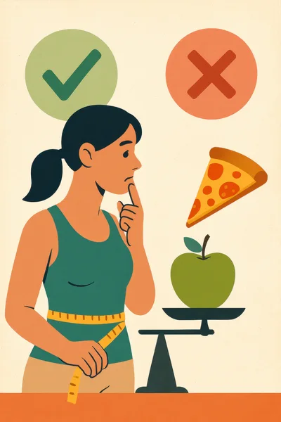 Woman Choosing Between Healthy Apple And Unhealthy Pizza