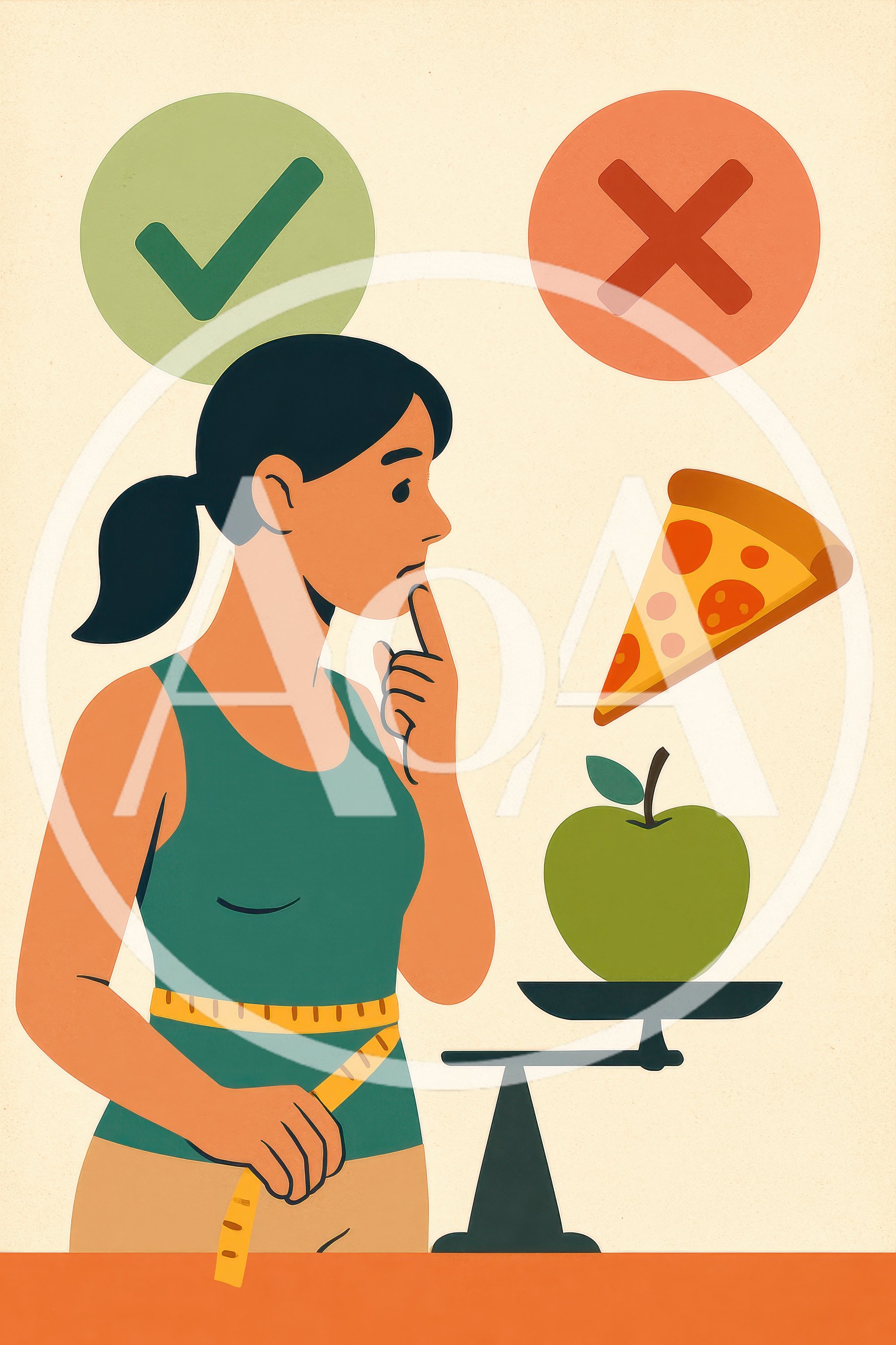 Woman Choosing Between Healthy Apple And Unhealthy Pizza