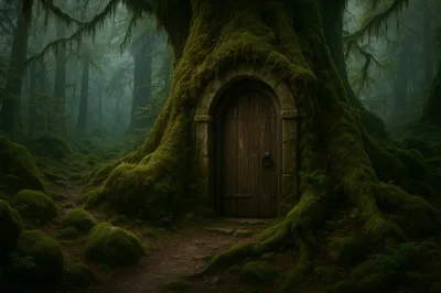 Ancient Mossy Tree With A Wooden Door In Forest