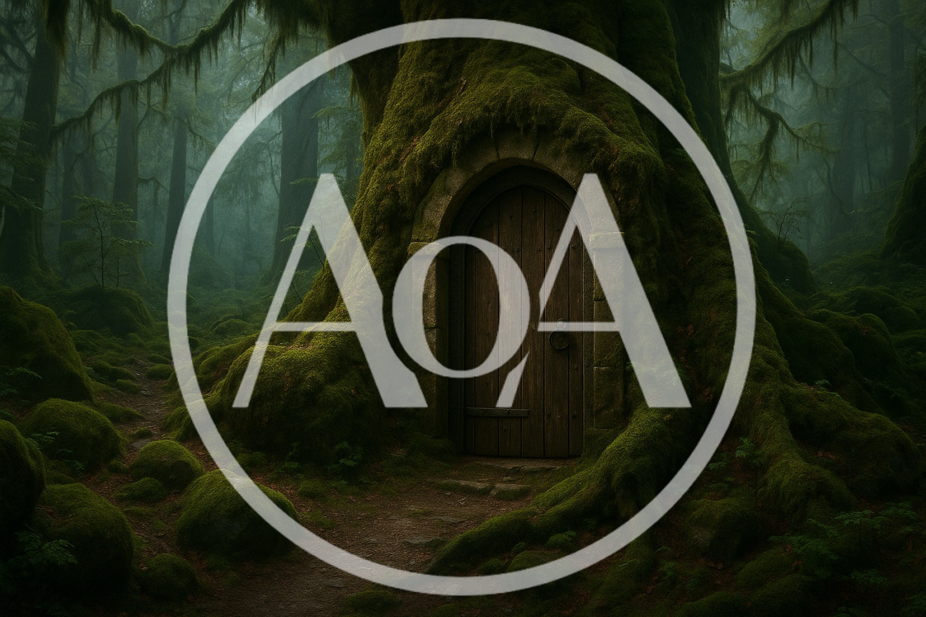 Ancient Mossy Tree With A Wooden Door In Forest