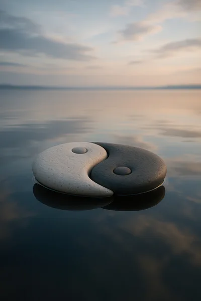 Yin Yang Symbol Formed By Stones Floating On Water