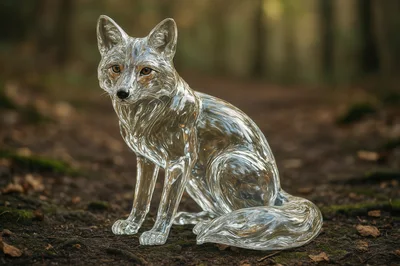 Transparent Glass Fox Sculpture In A Forest Setting