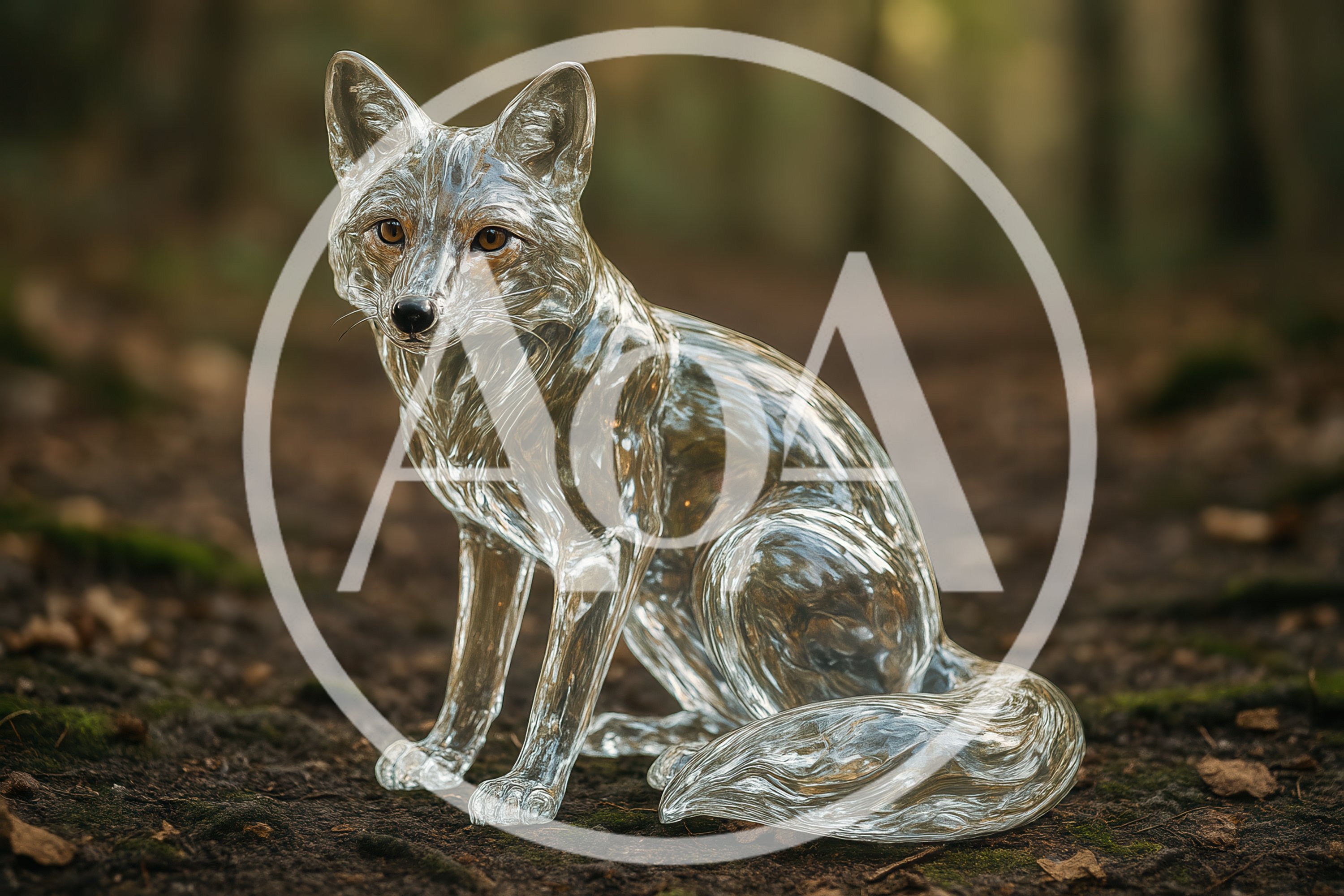 Transparent Glass Fox Sculpture In A Forest Setting