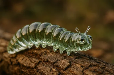 Glass Caterpillar Figurine Resting On A Tree Branch