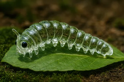 Glass Caterpillar Figurine Resting On A Green Leaf