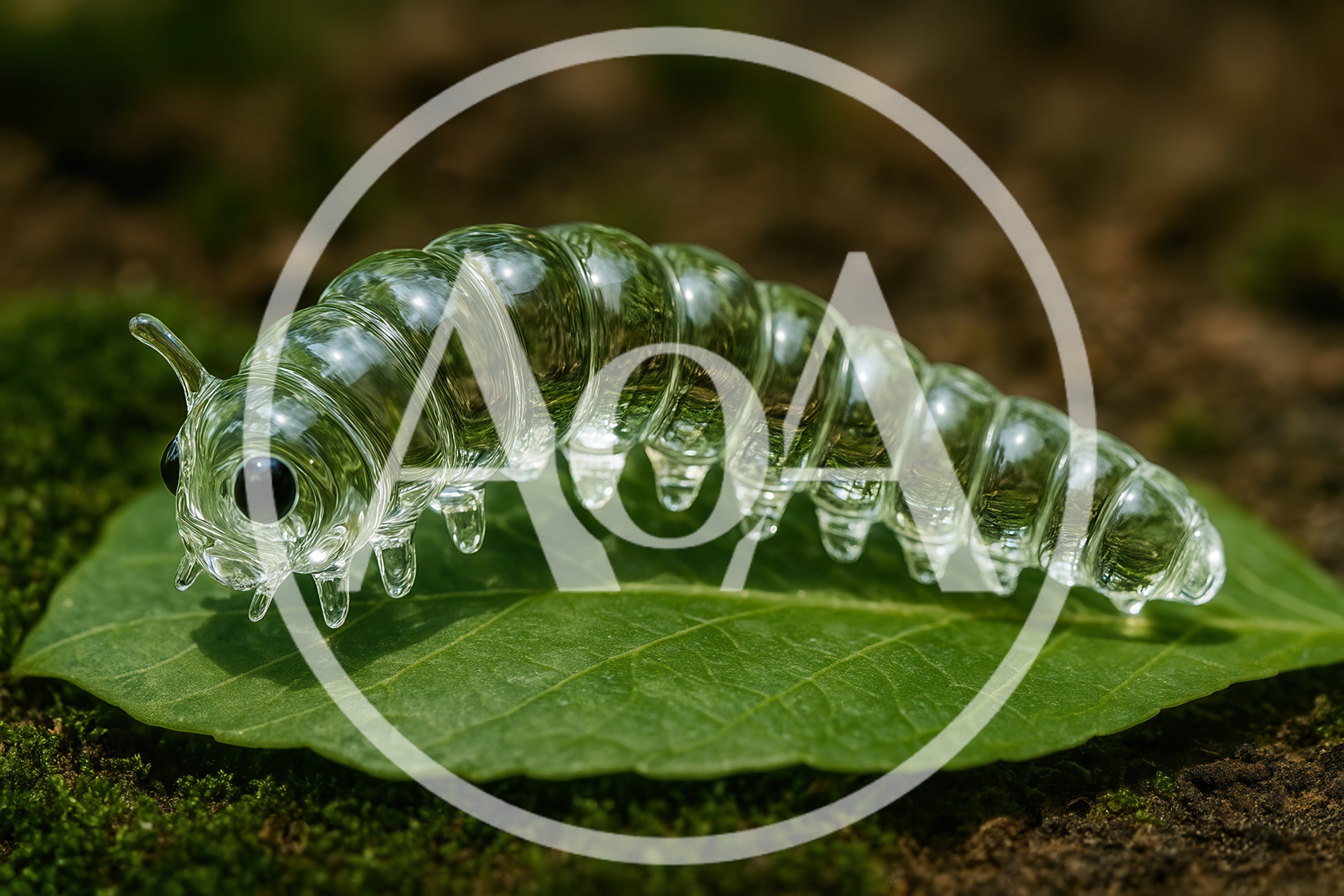 Glass Caterpillar Figurine Resting On A Green Leaf