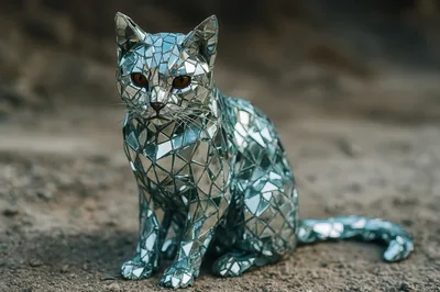 Mirrored Mosaic Cat Sculpture Sitting Outdoors