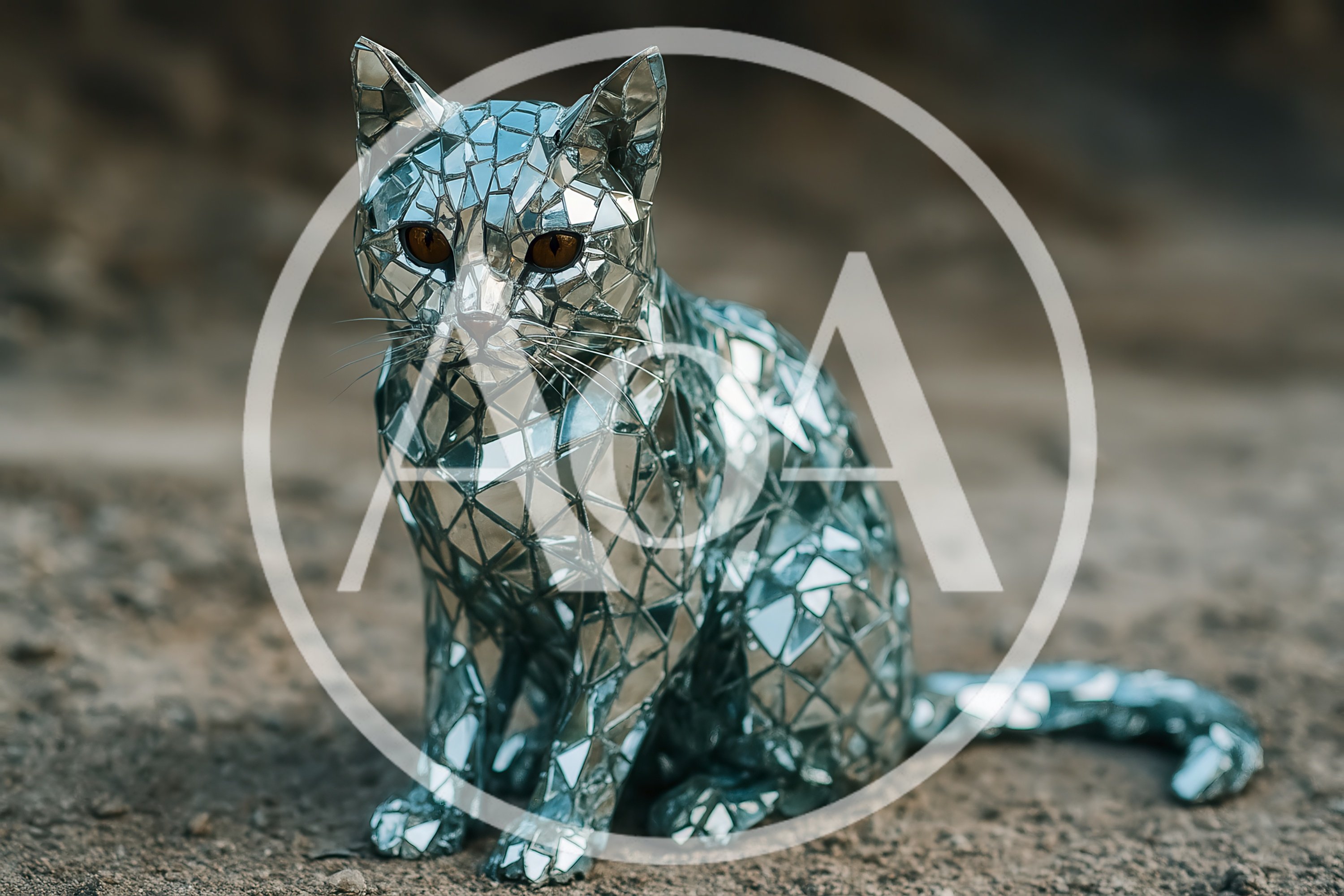 Mirrored Mosaic Cat Sculpture Sitting Outdoors