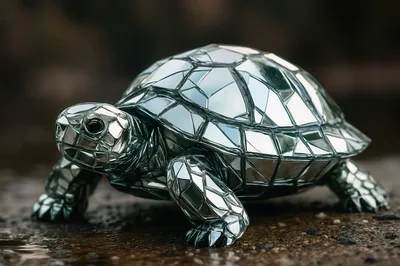 Mirrored Mosaic Turtle Sculpture On Wet Ground