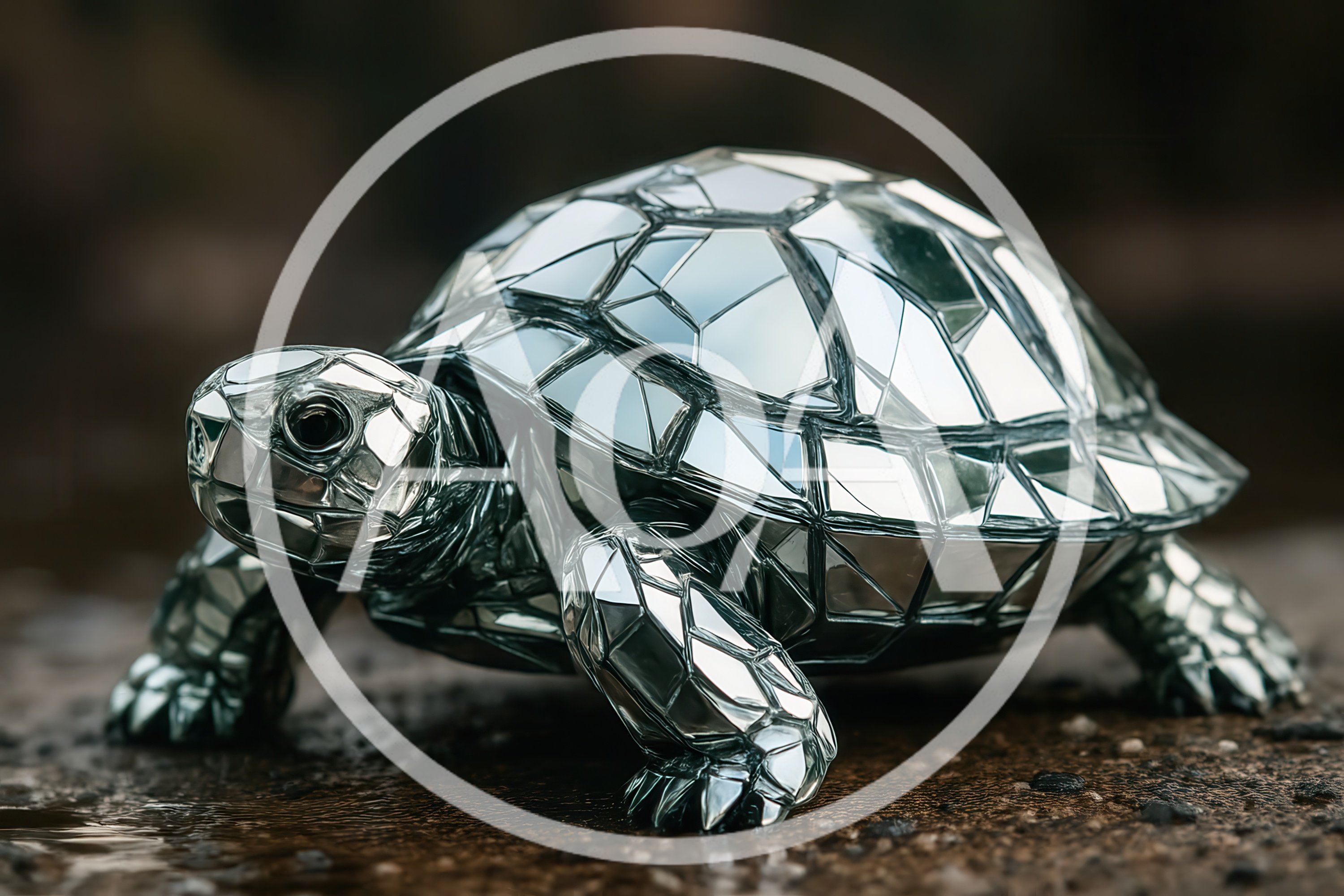 Mirrored Mosaic Turtle Sculpture On Wet Ground