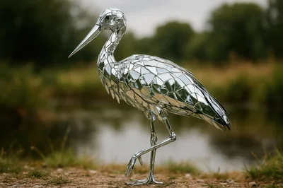 Mirrored Mosaic Heron Sculpture Standing Outdoors