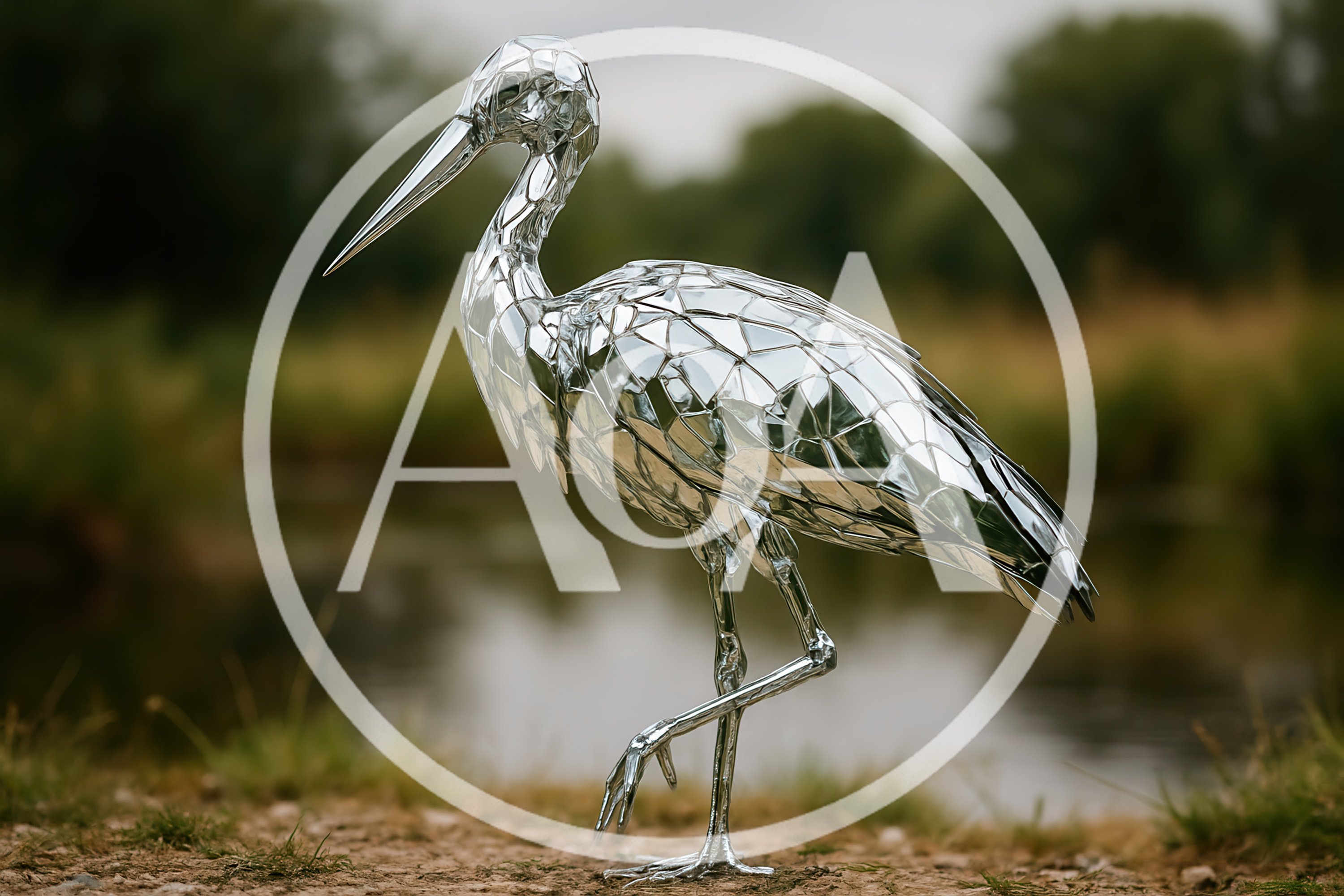 Mirrored Mosaic Heron Sculpture Standing Outdoors