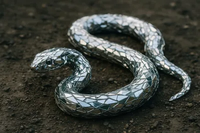 Mirrored Mosaic Snake Sculpture on Dark Ground